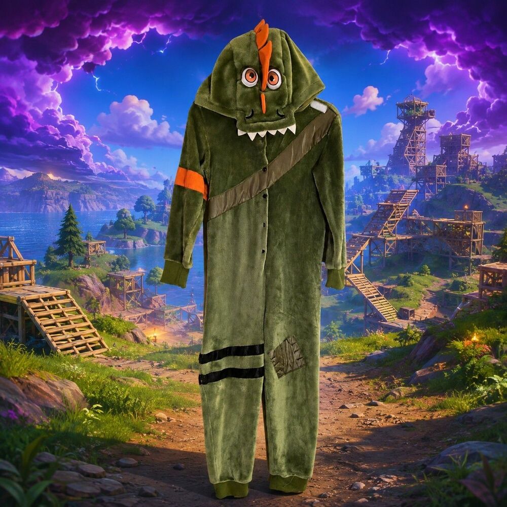 Spirit Fortnite Rex Dinosaur Costume Kids S/M 8-12 Plush Hooded Jumpsuit C37